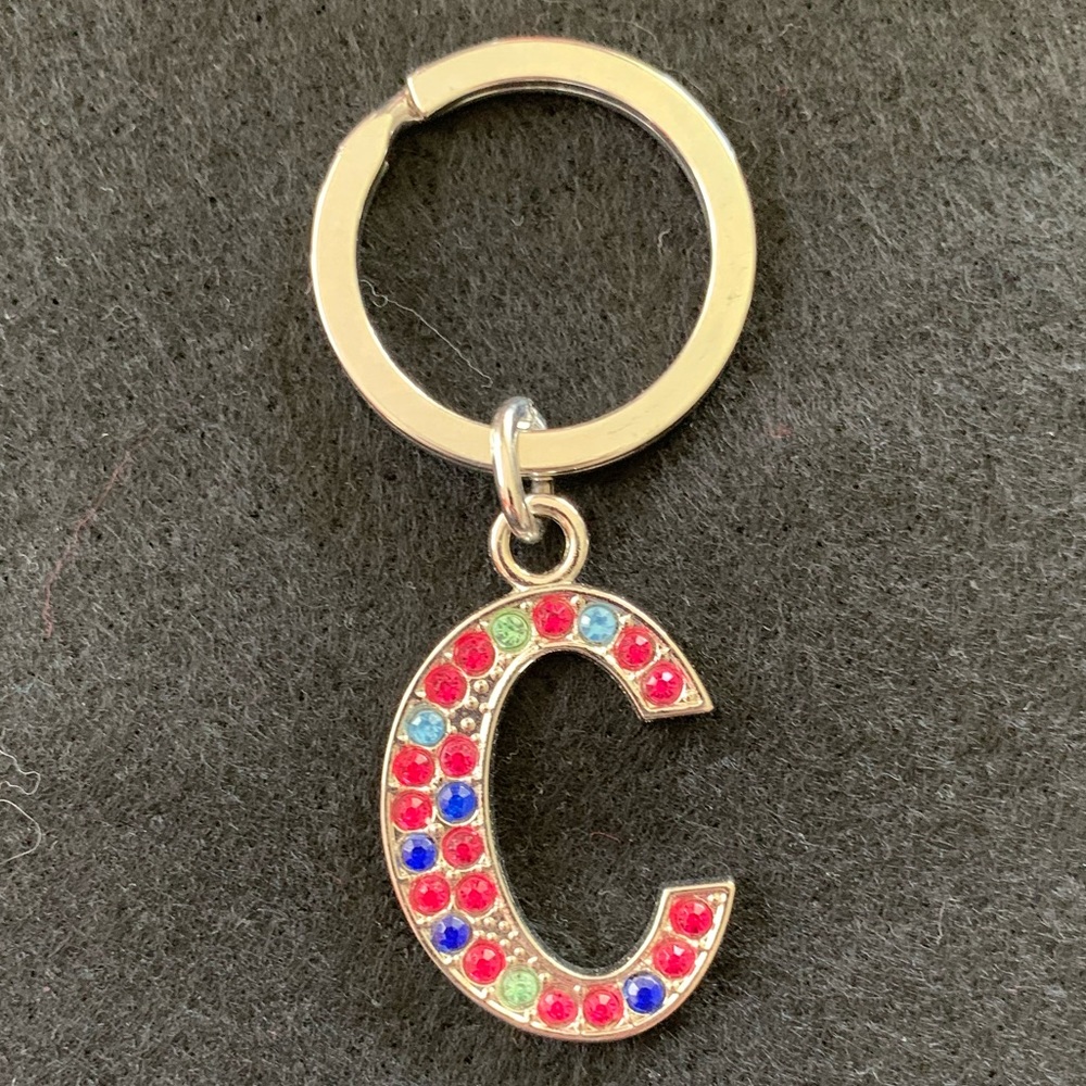 Letter C keychain Multi color crystals 1.5” ring full length 3”